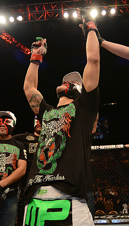 LAS VEGAS, NV - DECEMBER 29:  Erik Perez reacts to being declared the winner over Byron Bloodworth after their bantamweight fight at UFC 155 on December 29, 2012 at MGM Grand Garden Arena in Las Vegas, Nevada. (Photo by Donald Miralle/Zuffa LLC/Zuffa LLC via Getty Images) *** Local Caption *** Erik Perez; Byron Bloodworth