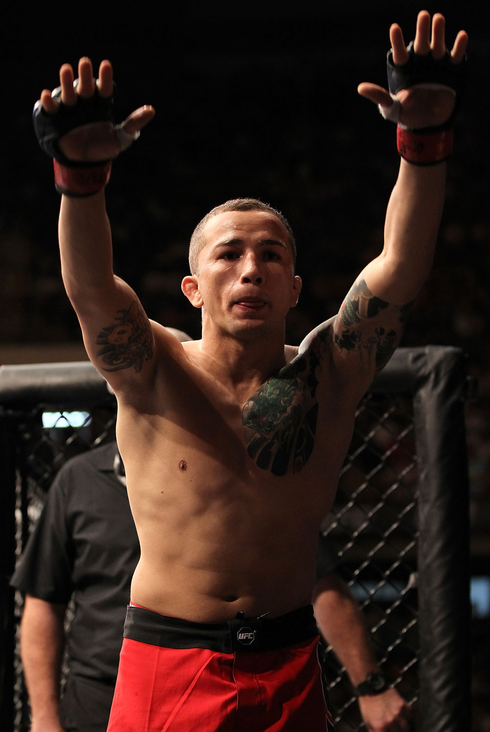 BELO HORIZONTE, BRAZIL - JUNE 23: Anistavio "Gasparzinho" Medeiros salutes the fans before his UFC 147 bout against Rodrigo Damm at Estadio Jornalista Felipe Drummond on June 23, 2012 in Belo Horizonte, Brazil. (Photo by Josh Hedges/Zuffa LLC/Zuffa LLC via Getty Images)