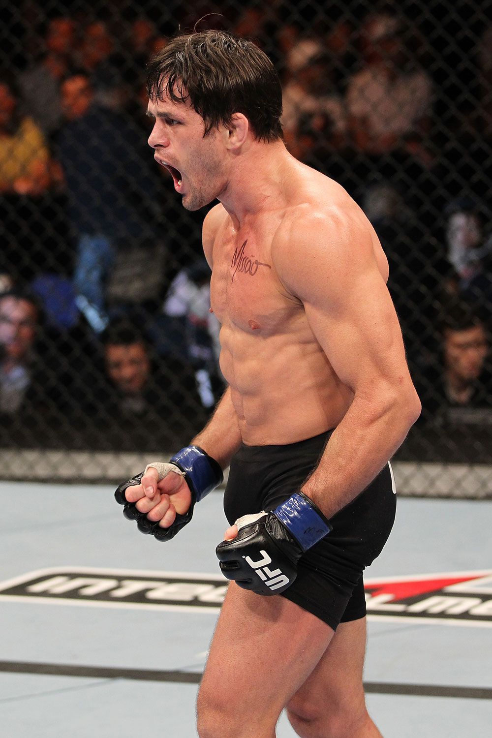 BELO HORIZONTE, BRAZIL - JUNE 23: Rodrigo Damm reacts after defeating Anistavio "Gasparzinho" Medeiros by submission during their UFC 147 featherweight bout at Estadio Jornalista Felipe Drummond on June 23, 2012 in Belo Horizonte, Brazil. (Photo by Josh Hedges/Zuffa LLC/Zuffa LLC via Getty Images)