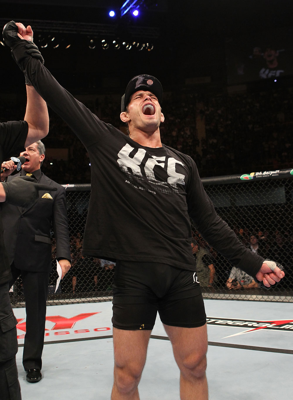 BELO HORIZONTE, BRAZIL - JUNE 23: Rodrigo Damm reacts after defeating Anistavio "Gasparzinho" Medeiros by submission during their UFC 147 featherweight bout at Estadio Jornalista Felipe Drummond on June 23, 2012 in Belo Horizonte, Brazil. (Photo by Josh Hedges/Zuffa LLC/Zuffa LLC via Getty Images)