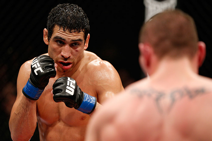 LONDON, ENGLAND - FEBRUARY 16: (L-R) Danny Castillo squares off with Paul Sass in their lightweight fight during the UFC on Fuel TV event on February 16, 2013 at Wembley Arena in London, England. (Photo by Josh Hedges/Zuffa LLC/Zuffa LLC via Getty Images)