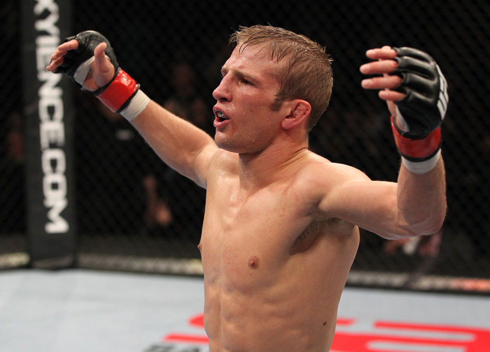 OMAHA, NE - FEBRUARY 15: TJ Dillashaw reacts after defeating Walel Watson during the UFC on FUEL TV event at Omaha Civic Auditorium on February 15, 2012 in Omaha, Nebraska. (Photo by Josh Hedges/Zuffa LLC/Zuffa LLC via Getty Images) *** Local Caption *** TJ Dillashaw