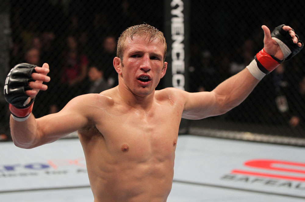 OMAHA, NE - FEBRUARY 15: TJ Dillashaw reacts after defeating Walel Watson during the UFC on FUEL TV event at Omaha Civic Auditorium on February 15, 2012 in Omaha, Nebraska. (Photo by Josh Hedges/Zuffa LLC/Zuffa LLC via Getty Images) *** Local Caption *** TJ Dillashaw