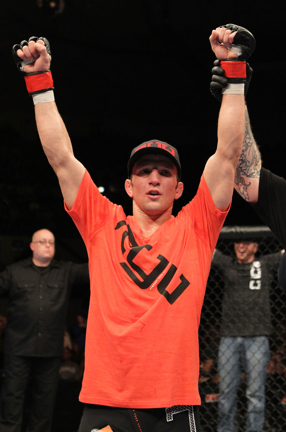 OMAHA, NE - FEBRUARY 15: TJ Dillashaw reacts after defeating Walel Watson during the UFC on FUEL TV event at Omaha Civic Auditorium on February 15, 2012 in Omaha, Nebraska. (Photo by Josh Hedges/Zuffa LLC/Zuffa LLC via Getty Images) *** Local Caption *** TJ Dillashaw