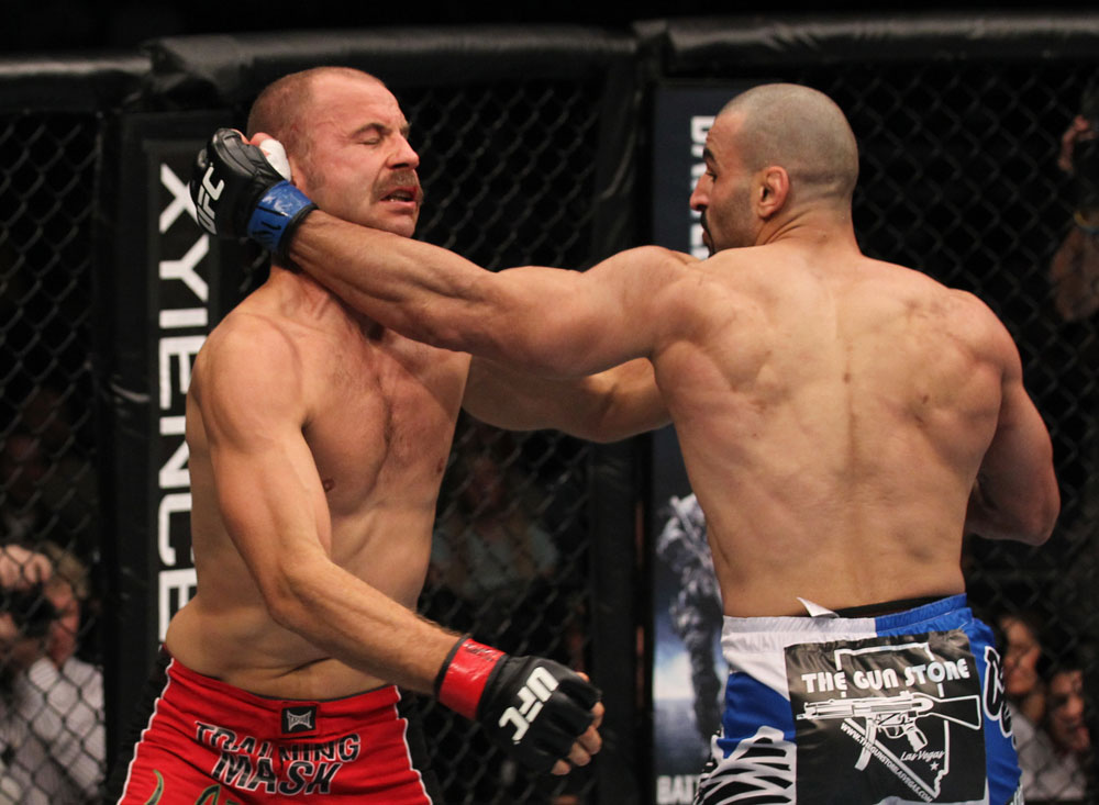 TORONTO, ON - DECEMBER 10:  (R-L) Constantinos Philippou punches Jared Hamman during the UFC 140 event at Air Canada Centre on December 10, 2011 in Toronto, Ontario, Canada.  (Photo by Nick Laham/Zuffa LLC/Zuffa LLC via Getty Images)