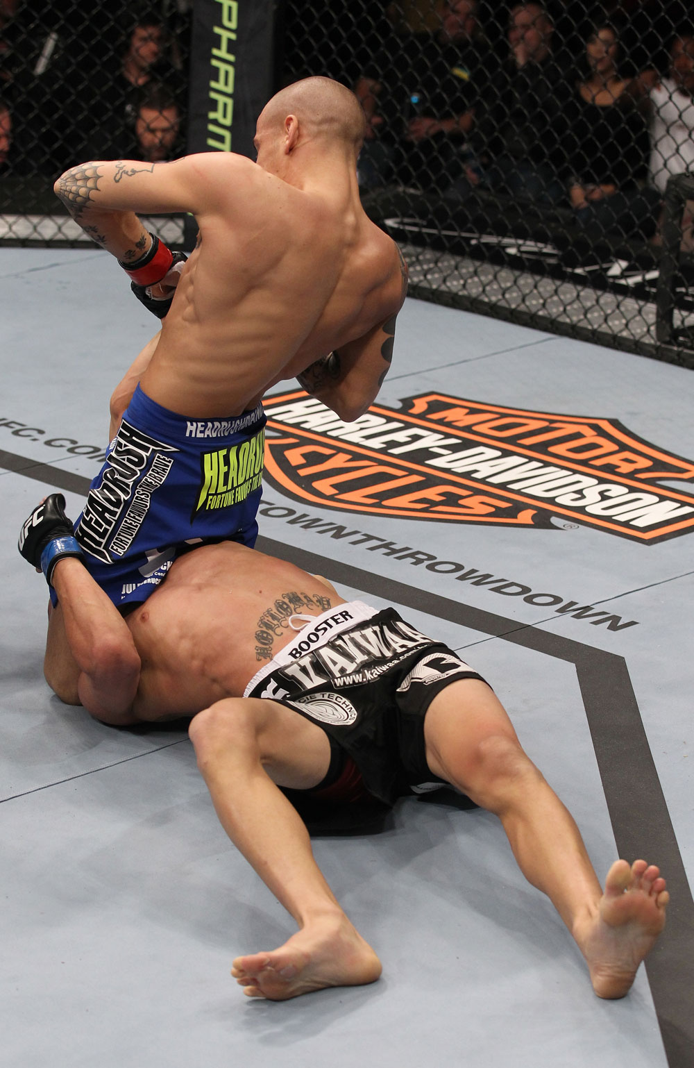 LAS VEGAS, NV - FEBRUARY 04:  Dustin Poirier (blue shorts) attempts to submit Max Holloway during the UFC 143 event at Mandalay Bay Events Center on February 4, 2012 in Las Vegas, Nevada.  (Photo by Nick Laham/Zuffa LLC/Zuffa LLC via Getty Images) *** Local Caption *** Dustin Poirier