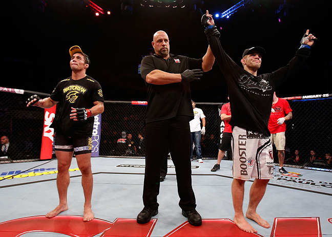 SAO PAULO, BRAZIL - JANUARY 19: Nik Lentz (R) reacts after defeating Diego Nunes in their featherweight fight at the UFC on FX event on January 19, 2013 at Ibirapuera Gymnasium in Sao Paulo, Brazil. (Photo by Josh Hedges/Zuffa LLC/Zuffa LLC via Getty Images)