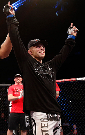 SAO PAULO, BRAZIL - JANUARY 19: Nik Lentz reacts after defeating Diego Nunes in their featherweight fight at the UFC on FX event on January 19, 2013 at Ibirapuera Gymnasium in Sao Paulo, Brazil. (Photo by Josh Hedges/Zuffa LLC/Zuffa LLC via Getty Images)