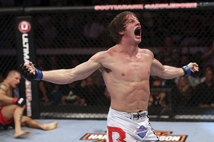 CALGARY, CANADA- JULY 21: Matthew Riddle celebrates after defeating Chris Clements during their welterweight bout at UFC 149 inside the Scotiabank Saddledome on July 21, 2012 in Calgary, Alberta, Canada.  (Photo by Nick Laham/Zuffa LLC/Zuffa LLC via Getty Images)