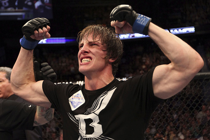 CALGARY, CANADA- JULY 21: Matthew Riddle celebrates after defeating Chris Clements during their welterweight bout at UFC 149 inside the Scotiabank Saddledome on July 21, 2012 in Calgary, Alberta, Canada.  (Photo by Nick Laham/Zuffa LLC/Zuffa LLC via Getty Images)