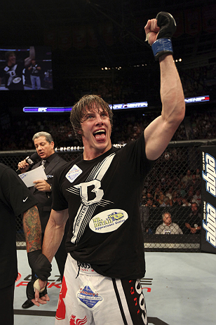 CALGARY, CANADA- JULY 21: Matthew Riddle celebrates after defeating Chris Clements during their welterweight bout at UFC 149 inside the Scotiabank Saddledome on July 21, 2012 in Calgary, Alberta, Canada.  (Photo by Nick Laham/Zuffa LLC/Zuffa LLC via Getty Images)