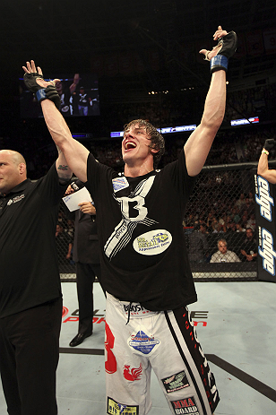 CALGARY, CANADA- JULY 21: Matthew Riddle celebrates after defeating Chris Clements during their welterweight bout at UFC 149 inside the Scotiabank Saddledome on July 21, 2012 in Calgary, Alberta, Canada.  (Photo by Nick Laham/Zuffa LLC/Zuffa LLC via Getty Images)