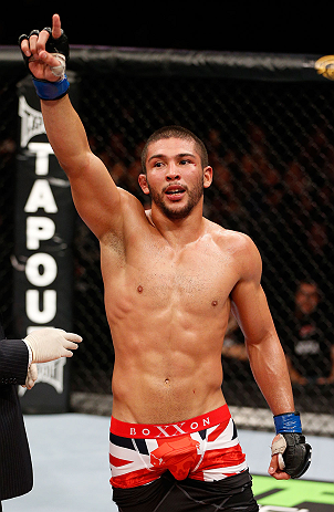 LONDON, ENGLAND - FEBRUARY 16: Renee Forte salutes the UK fans after his lightweight fight against Terry Etim during the UFC on Fuel TV event on February 16, 2013 at Wembley Arena in London, England. (Photo by Josh Hedges/Zuffa LLC/Zuffa LLC via Getty Images)