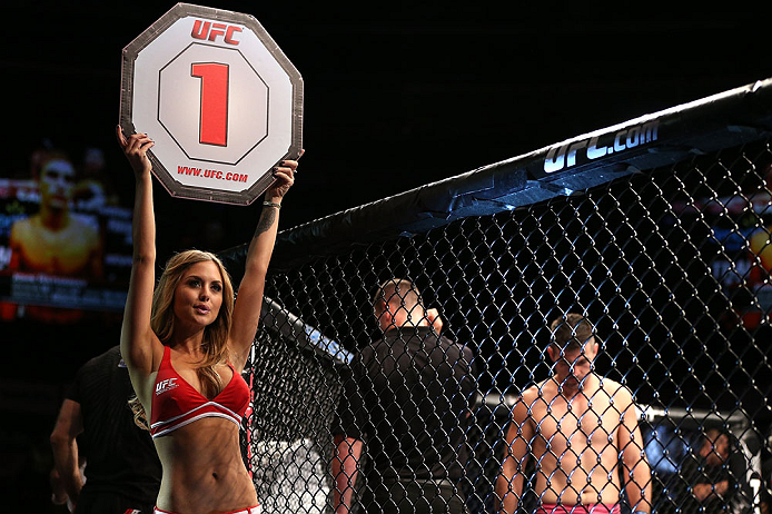 NOTTINGHAM, ENGLAND - SEPTEMBER 29: UFC Octagon Girl Brittney Palmer introduces a bout at the UFC on Fuel TV event at Capital FM Arena on September 29, 2012 in Nottingham, England. (Photo by Josh Hedges/Zuffa LLC/Zuffa LLC via Getty Images)