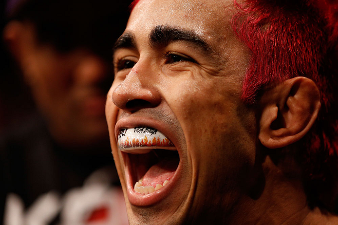 SAO PAULO, BRAZIL - JANUARY 19: Godofredo "Pepey" Castro prepares to enter the Octagon before his featherweight fight against Milton Vieira at the UFC on FX event on January 19, 2013 at Ibirapuera Gymnasium in Sao Paulo, Brazil. (Photo by Josh Hedges/Zuffa LLC/Zuffa LLC via Getty Images)