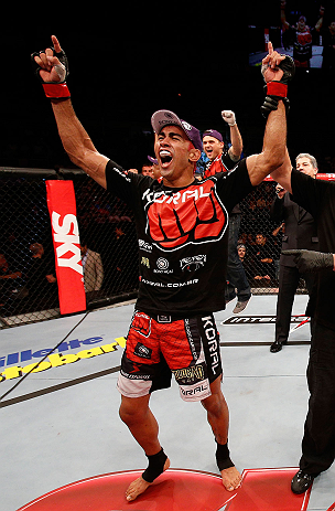 SAO PAULO, BRAZIL - JANUARY 19: Godofredo "Pepey" Castro reacts after winning a split decision over Milton Vieira in their featherweight fight at the UFC on FX event on January 19, 2013 at Ibirapuera Gymnasium in Sao Paulo, Brazil. (Photo by Josh Hedges/Zuffa LLC/Zuffa LLC via Getty Images)
