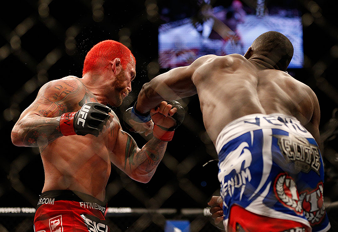 LAS VEGAS, NV - DECEMBER 29:  (R-L) Derek Brunson punches Chris Leben during their middleweight fight at UFC 155 on December 29, 2012 at MGM Grand Garden Arena in Las Vegas, Nevada. (Photo by Josh Hedges/Zuffa LLC/Zuffa LLC via Getty Images) *** Local Caption *** Chris Leben; Derek Brunson