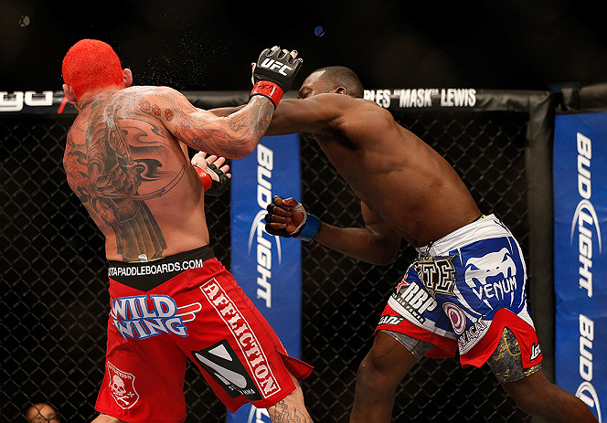 LAS VEGAS, NV - DECEMBER 29:  (R-L) Derek Brunson punches Chris Leben during their middleweight fight at UFC 155 on December 29, 2012 at MGM Grand Garden Arena in Las Vegas, Nevada. (Photo by Josh Hedges/Zuffa LLC/Zuffa LLC via Getty Images) *** Local Caption *** Chris Leben; Derek Brunson
