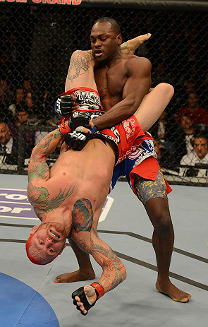 LAS VEGAS, NV - DECEMBER 29:  Derek Brunson (top) lifts Chris Leben during their middleweight fight at UFC 155 on December 29, 2012 at MGM Grand Garden Arena in Las Vegas, Nevada. (Photo by Donald Miralle/Zuffa LLC/Zuffa LLC via Getty Images) *** Local Caption *** Chris Leben; Derek Brunson