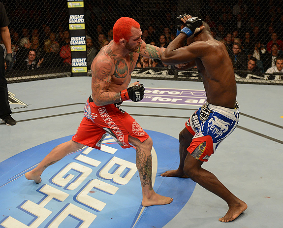 LAS VEGAS, NV - DECEMBER 29:  (L-R) Chris Leben punches Derek Brunson during their middleweight fight at UFC 155 on December 29, 2012 at MGM Grand Garden Arena in Las Vegas, Nevada. (Photo by Donald Miralle/Zuffa LLC/Zuffa LLC via Getty Images) *** Local Caption *** Chris Leben; Derek Brunson