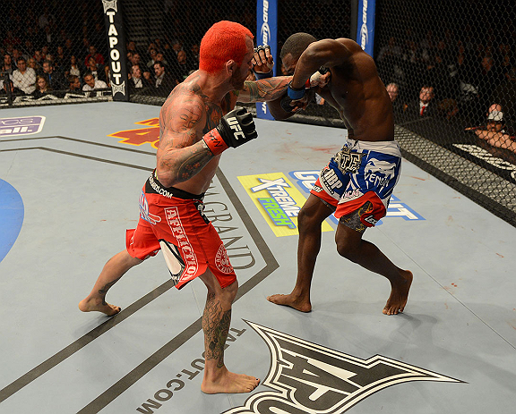 LAS VEGAS, NV - DECEMBER 29:  (L-R) Chris Leben punches Derek Brunson during their middleweight fight at UFC 155 on December 29, 2012 at MGM Grand Garden Arena in Las Vegas, Nevada. (Photo by Donald Miralle/Zuffa LLC/Zuffa LLC via Getty Images) *** Local Caption *** Chris Leben; Derek Brunson