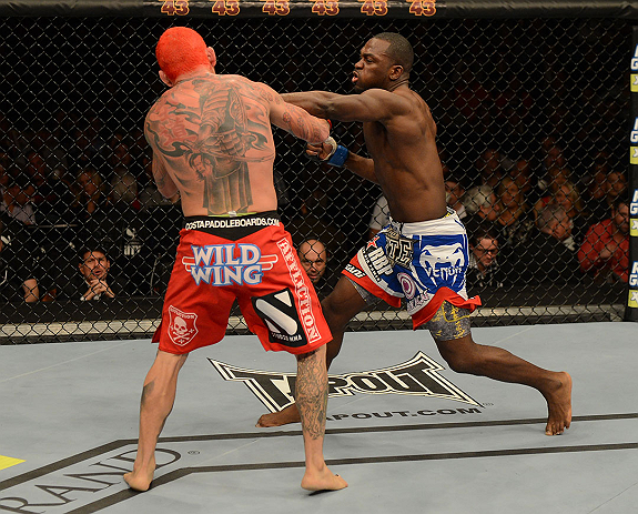 LAS VEGAS, NV - DECEMBER 29:  (R-L) Derek Brunson punches Chris Leben during their middleweight fight at UFC 155 on December 29, 2012 at MGM Grand Garden Arena in Las Vegas, Nevada. (Photo by Donald Miralle/Zuffa LLC/Zuffa LLC via Getty Images) *** Local Caption *** Chris Leben; Derek Brunson