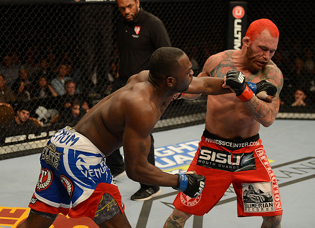 LAS VEGAS, NV - DECEMBER 29:  (L-R) Derek Brunson punches Chris Leben during their middleweight fight at UFC 155 on December 29, 2012 at MGM Grand Garden Arena in Las Vegas, Nevada. (Photo by Donald Miralle/Zuffa LLC/Zuffa LLC via Getty Images) *** Local Caption *** Chris Leben; Derek Brunson