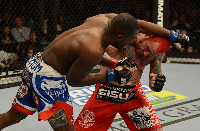 LAS VEGAS, NV - DECEMBER 29:  (L-R) Derek Brunson punches Chris Leben during their middleweight fight at UFC 155 on December 29, 2012 at MGM Grand Garden Arena in Las Vegas, Nevada. (Photo by Donald Miralle/Zuffa LLC/Zuffa LLC via Getty Images) *** Local Caption *** Chris Leben; Derek Brunson