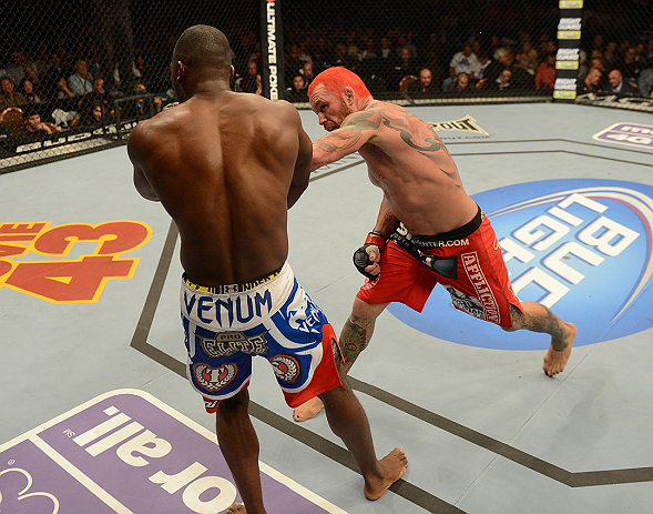 LAS VEGAS, NV - DECEMBER 29:  (R-L) Chris Leben punches Derek Brunson during their middleweight fight at UFC 155 on December 29, 2012 at MGM Grand Garden Arena in Las Vegas, Nevada. (Photo by Donald Miralle/Zuffa LLC/Zuffa LLC via Getty Images) *** Local Caption *** Chris Leben; Derek Brunson