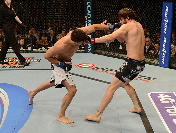 LAS VEGAS, NV - FEBRUARY 02: (L-R) Demian Maia punches Jon Fitch during their welterweight fight at UFC 156 on February 2, 2013 at the Mandalay Bay Events Center in Las Vegas, Nevada. (Photo by Donald Miralle/Zuffa LLC/Zuffa LLC via Getty Images) *** Local Caption *** Jon Fitch; Demian Maia
