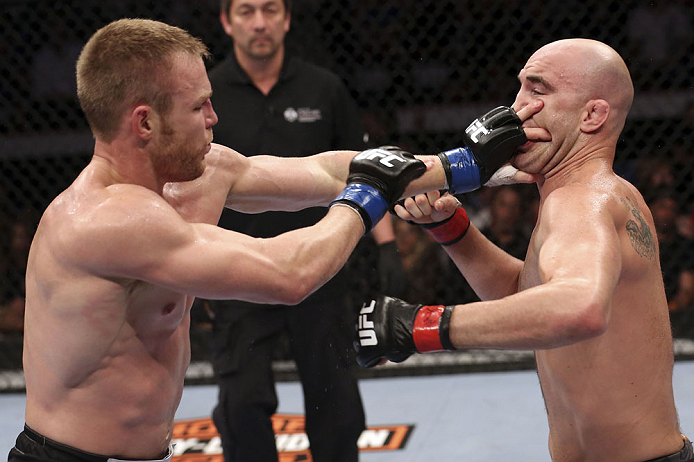 CALGARY, CANADA - JULY 21: (L-R) James Head puts his hands to the face of Brian Ebersole during their welterweight bout at UFC 149 inside the Scotiabank Saddledome on July 21, 2012 in Calgary, Alberta, Canada.  (Photo by Nick Laham/Zuffa LLC/Zuffa LLC via Getty Images)