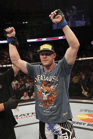 CALGARY, CANADA - JULY 21: James Head celebrates after defeating Brian Ebersole during their welterweight bout at UFC 149 inside the Scotiabank Saddledome on July 21, 2012 in Calgary, Alberta, Canada.  (Photo by Nick Laham/Zuffa LLC/Zuffa LLC via Getty Images)