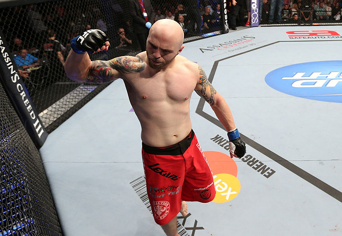 MINNEAPOLIS, MN - OCTOBER 05: Justin Edwards reacts after defeating Josh Neer during their welterweight fight at the UFC on FX event at Target Center on October 5, 2012 in Minneapolis, Minnesota. (Photo by Josh Hedges/Zuffa LLC/Zuffa LLC via Getty Images)