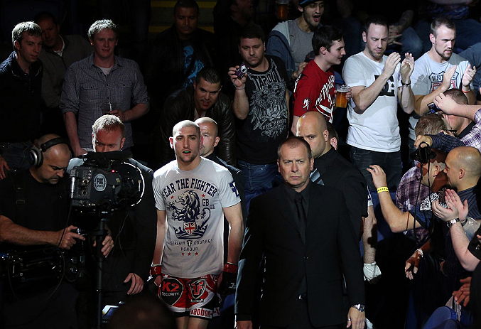 NOTTINGHAM, ENGLAND - SEPTEMBER 29: Paul Sass enters the arena before his lightweight fight against Matt Wiman at the UFC on Fuel TV event at Capital FM Arena on September 29, 2012 in Nottingham, England. (Photo by Josh Hedges/Zuffa LLC/Zuffa LLC via Getty Images)