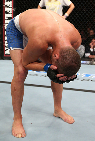 NOTTINGHAM, ENGLAND - SEPTEMBER 29: Matt Wiman reacts after defeating Paul Sass during their lightweight fight at the UFC on Fuel TV event at Capital FM Arena on September 29, 2012 in Nottingham, England. (Photo by Josh Hedges/Zuffa LLC/Zuffa LLC via Getty Images)
