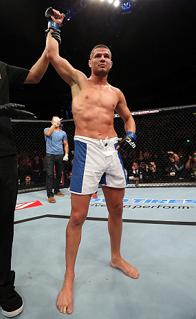 NOTTINGHAM, ENGLAND - SEPTEMBER 29: Matt Wiman reacts after defeating Paul Sass during their lightweight fight at the UFC on Fuel TV event at Capital FM Arena on September 29, 2012 in Nottingham, England. (Photo by Josh Hedges/Zuffa LLC/Zuffa LLC via Getty Images)