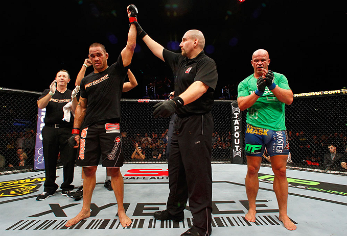 LONDON, ENGLAND - FEBRUARY 16: James Te Huna (L) reacts after defeating Ryan Jimmo (R) in their light heavyweight fight during the UFC on Fuel TV event on February 16, 2013 at Wembley Arena in London, England. (Photo by Josh Hedges/Zuffa LLC/Zuffa LLC via Getty Images)