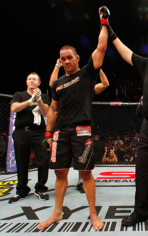 LONDON, ENGLAND - FEBRUARY 16: James Te Huna reacts after defeating Ryan Jimmo in their light heavyweight fight during the UFC on Fuel TV event on February 16, 2013 at Wembley Arena in London, England. (Photo by Josh Hedges/Zuffa LLC/Zuffa LLC via Getty Images)