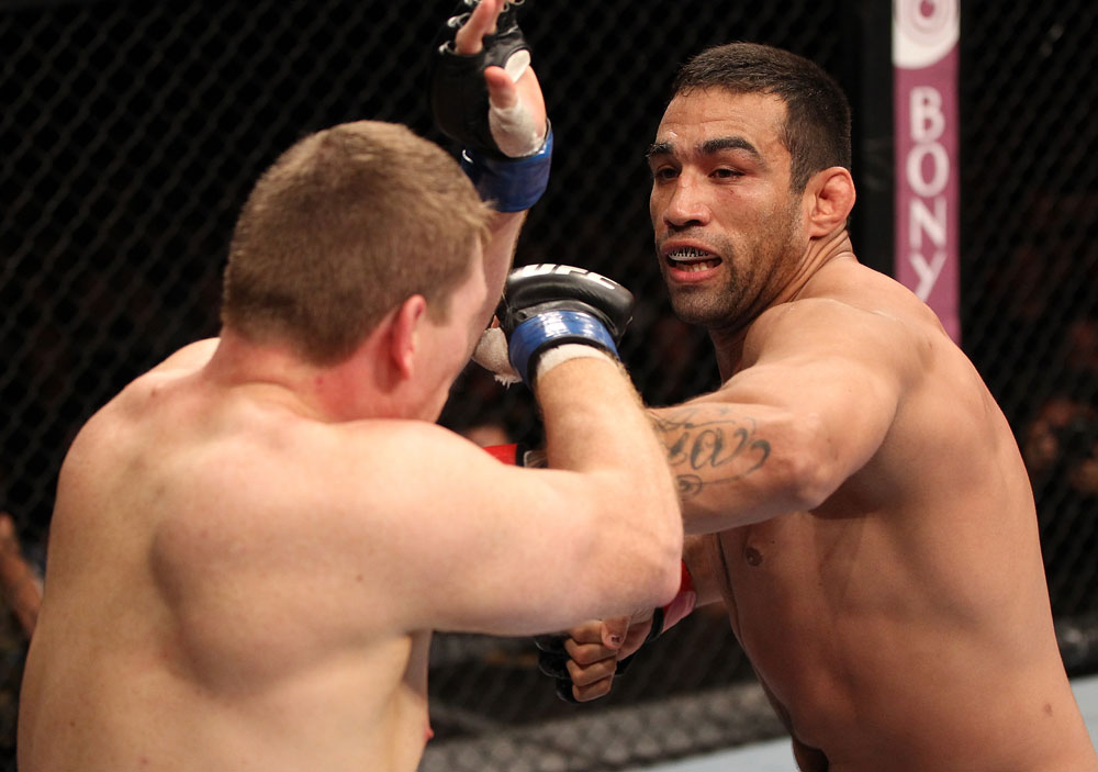 BELO HORIZONTE, BRAZIL - JUNE 23: (R-L) Fabricio Werdum punches Mike Russow during their UFC 147 heavyweight bout at Estadio Jornalista Felipe Drummond on June 23, 2012 in Belo Horizonte, Brazil. (Photo by Josh Hedges/Zuffa LLC/Zuffa LLC via Getty Images)