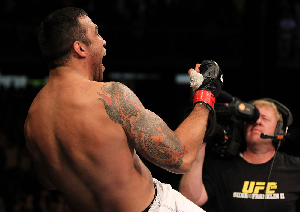 BELO HORIZONTE, BRAZIL - JUNE 23: Fabricio Werdum reacts after defeating Mike Russow during their UFC 147 heavyweight bout at Estadio Jornalista Felipe Drummond on June 23, 2012 in Belo Horizonte, Brazil. (Photo by Josh Hedges/Zuffa LLC/Zuffa LLC via Getty Images)