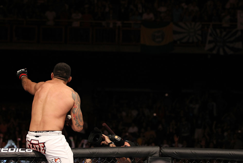 BELO HORIZONTE, BRAZIL - JUNE 23: Fabricio Werdum reacts after defeating Mike Russow during their UFC 147 heavyweight bout at Estadio Jornalista Felipe Drummond on June 23, 2012 in Belo Horizonte, Brazil. (Photo by Josh Hedges/Zuffa LLC/Zuffa LLC via Getty Images)