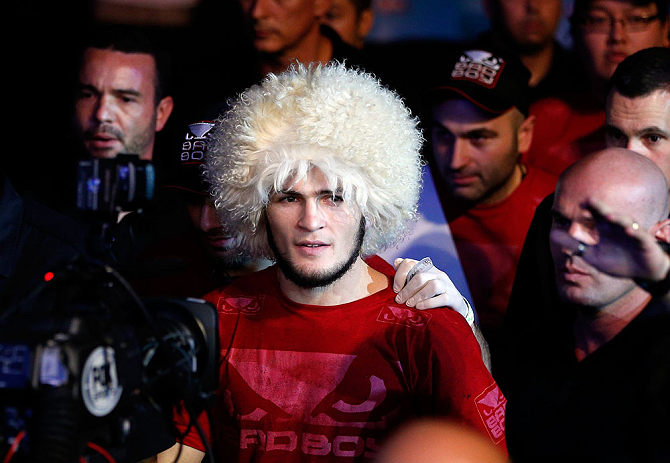 SAO PAULO, BRAZIL - JANUARY 19: Khabib Nurmagomedov enters the arena before his lightweight fight against Thiago Tavares at the UFC on FX event on January 19, 2013 at Ibirapuera Gymnasium in Sao Paulo, Brazil. (Photo by Josh Hedges/Zuffa LLC/Zuffa LLC via Getty Images)