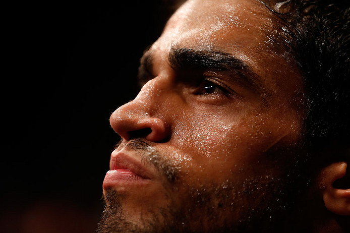 SAO PAULO, BRAZIL - JANUARY 19: Thiago Tavares prepares to enter the Octagon before his lightweight fight against Khabib Nurmagomedov at the UFC on FX event on January 19, 2013 at Ibirapuera Gymnasium in Sao Paulo, Brazil. (Photo by Josh Hedges/Zuffa LLC/Zuffa LLC via Getty Images)