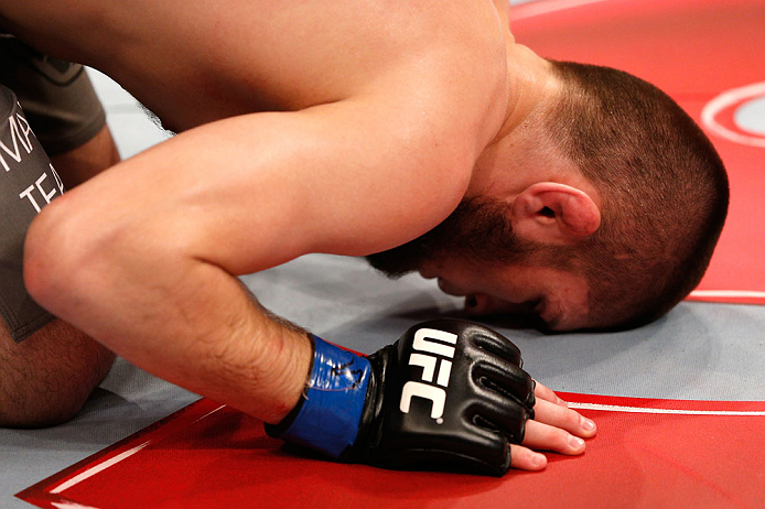 SAO PAULO, BRAZIL - JANUARY 19: Khabib Nurmagomedov reacts after knocking out Thiago Tavares in their lightweight fight at the UFC on FX event on January 19, 2013 at Ibirapuera Gymnasium in Sao Paulo, Brazil. (Photo by Josh Hedges/Zuffa LLC/Zuffa LLC via Getty Images)