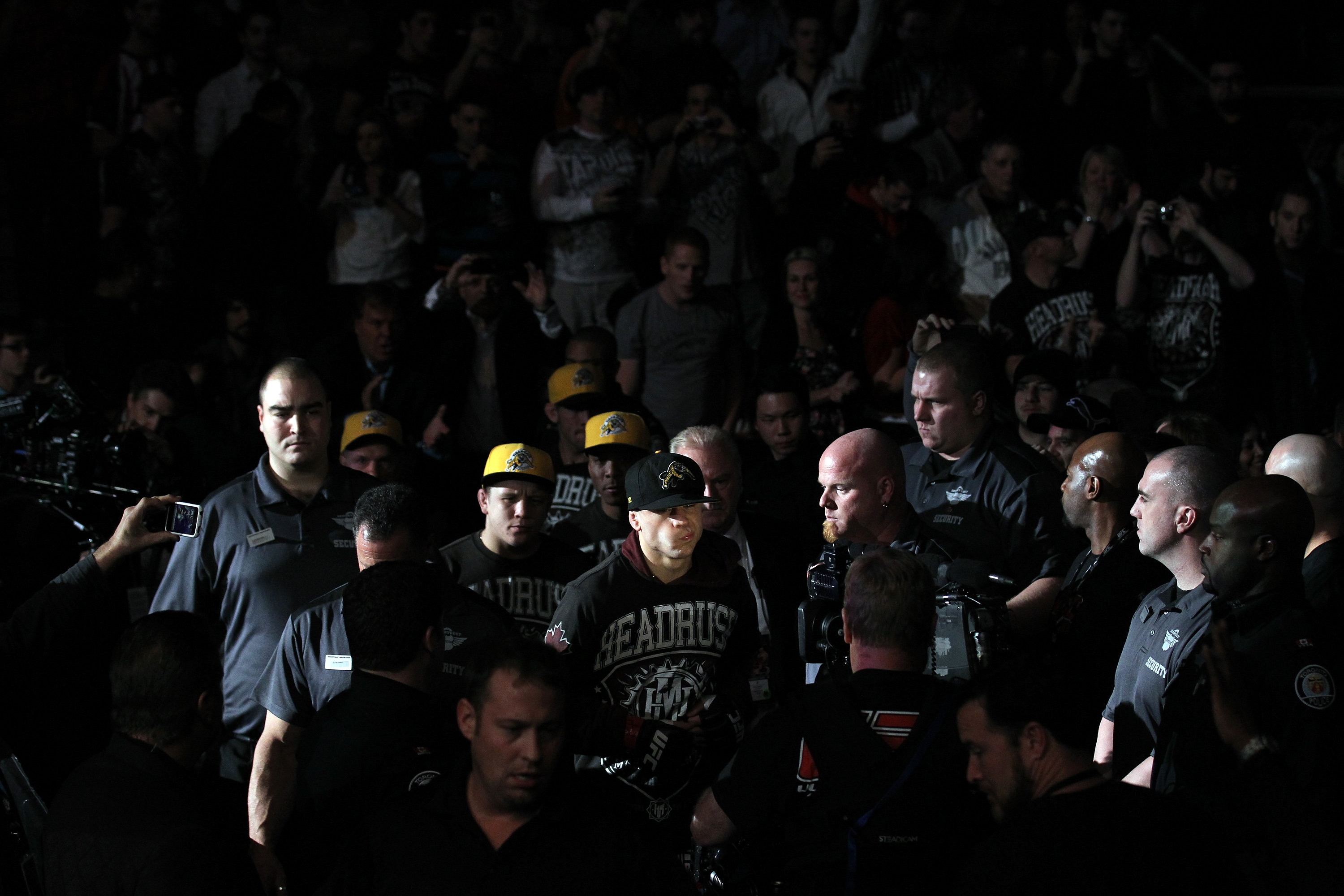 TORONTO, ON - DECEMBER 10:  Mark Hominick of London, Ontario enters the arena before his bout against Chan Sung Jung during the UFC 140 event at Air Canada Centre on December 10, 2011 in Toronto, Ontario, Canada.  (Photo by Nick Laham/Zuffa LLC/Zuffa LLC via Getty Images)