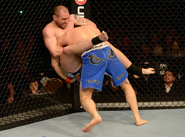 LAS VEGAS, NV - DECEMBER 29:  Alan Belcher (left) attempts to submit Yushin Okami during their middleweight fight at UFC 155 on December 29, 2012 at MGM Grand Garden Arena in Las Vegas, Nevada. (Photo by Donald Miralle/Zuffa LLC/Zuffa LLC via Getty Images) *** Local Caption *** Yushin Okami; Alan Belcher