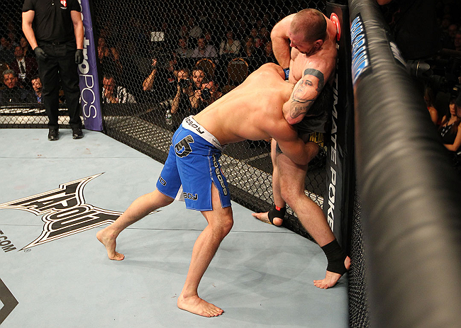 LAS VEGAS, NV - DECEMBER 29:  (R-L) Alan Belcher attempts to submit Yushin Okami during their middleweight fight at UFC 155 on December 29, 2012 at MGM Grand Garden Arena in Las Vegas, Nevada. (Photo by Josh Hedges/Zuffa LLC/Zuffa LLC via Getty Images) *** Local Caption *** Yushin Okami; Alan Belcher