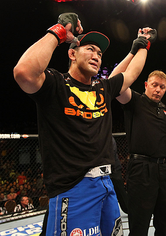 LAS VEGAS, NV - DECEMBER 29:  Yushin Okami reacts to being declared the winner over Alan Belcher after their middleweight fight at UFC 155 on December 29, 2012 at MGM Grand Garden Arena in Las Vegas, Nevada. (Photo by Josh Hedges/Zuffa LLC/Zuffa LLC via Getty Images) *** Local Caption *** Yushin Okami; Alan Belcher