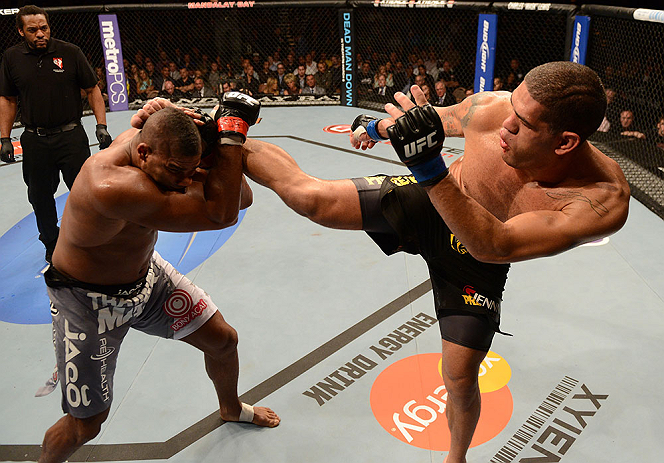 LAS VEGAS, NV - FEBRUARY 02: (R-L) Antonio Silva kicks Alistair Overeem during their heavyweight fight at UFC 156 on February 2, 2013 at the Mandalay Bay Events Center in Las Vegas, Nevada. (Photo by Donald Miralle/Zuffa LLC/Zuffa LLC via Getty Images) *** Local Caption *** Alistair Overeem; Antonio Silva