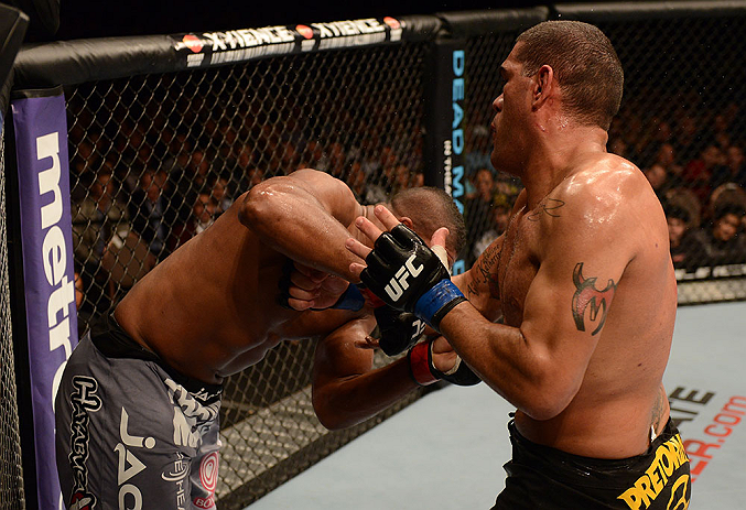 LAS VEGAS, NV - FEBRUARY 02: (R-L) Antonio Silva punches Alistair Overeem during their heavyweight fight at UFC 156 on February 2, 2013 at the Mandalay Bay Events Center in Las Vegas, Nevada. (Photo by Donald Miralle/Zuffa LLC/Zuffa LLC via Getty Images) *** Local Caption *** Alistair Overeem; Antonio Silva